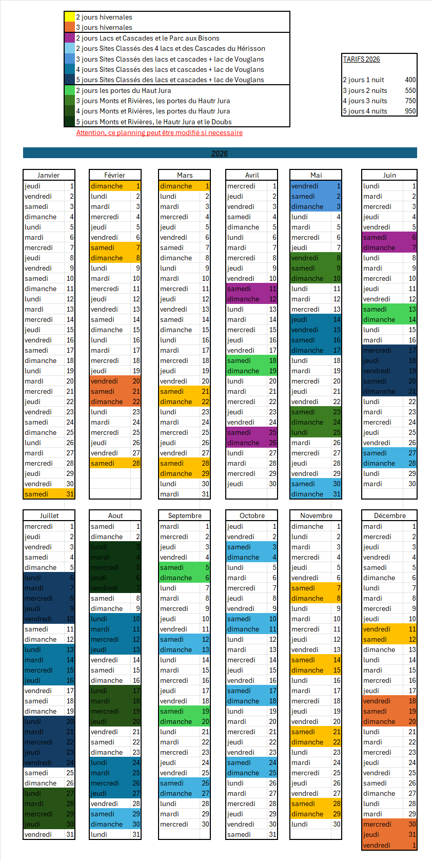 Calendrier 2026