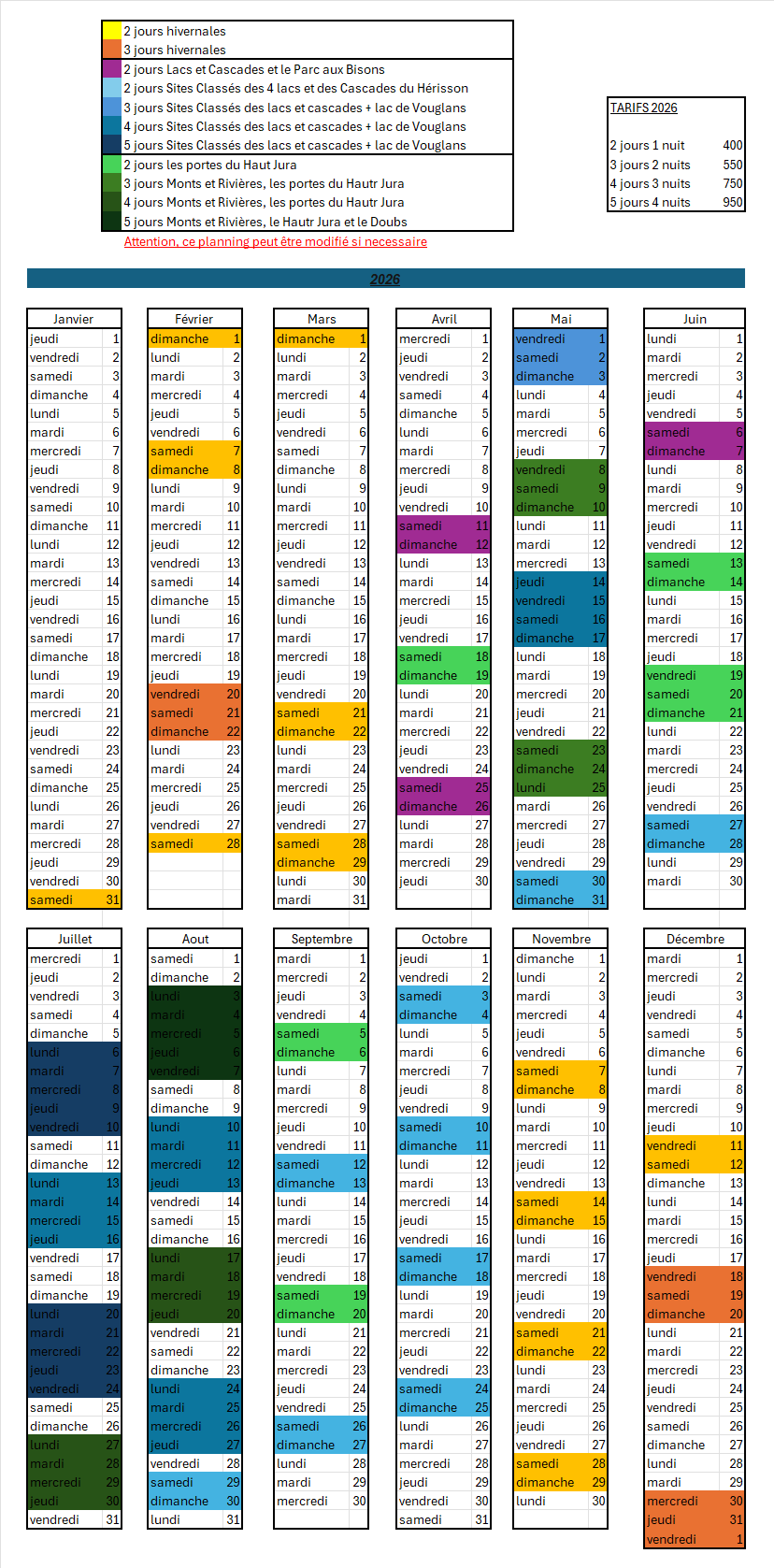 Calendrier 2026