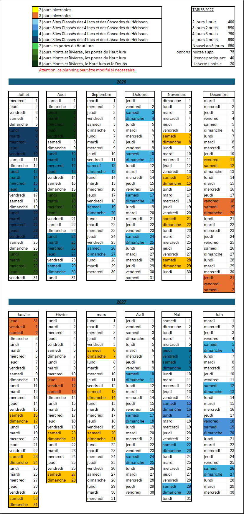 Calendrier 2026 - 2027